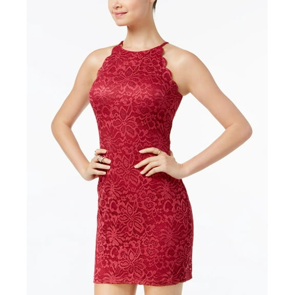 Bcx Juniors Scalloped Glitter Lace Halter Dress Wine 3