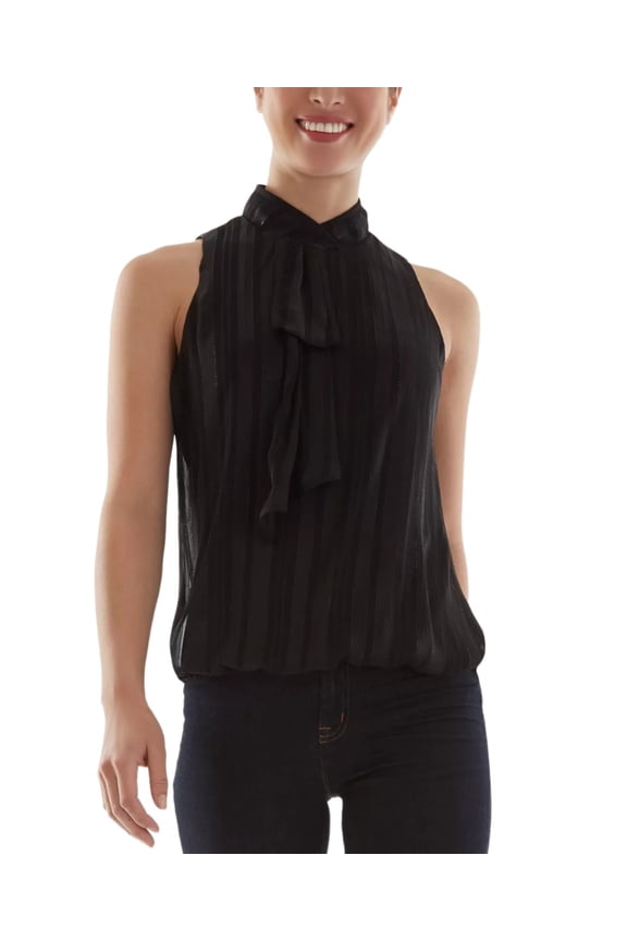 Juniors Shadow-Striped Tie-Neck Metallic-Threaded Top, Black, XL