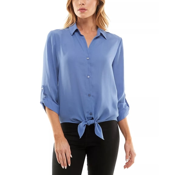 Bcx Juniors Tie-Hem Button-Front Roll-Tab-Sleeve Top, Blue, Small