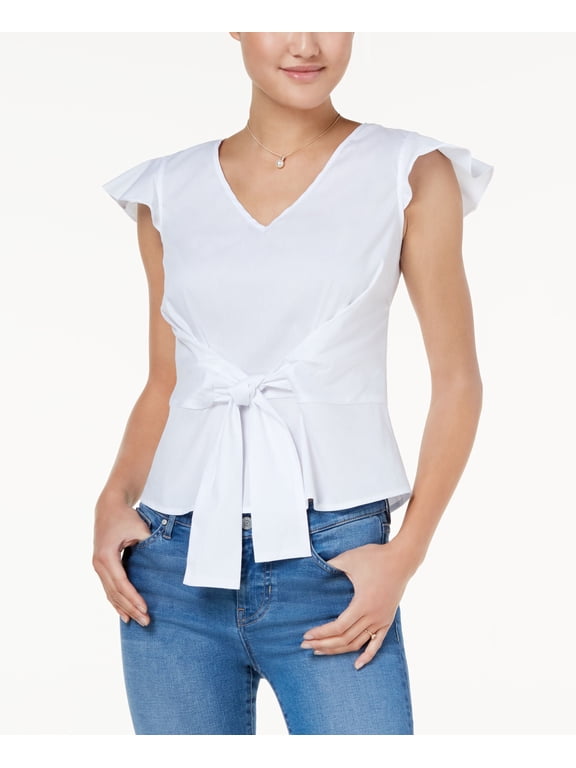 Juniors Tie Waist Flutter Sleeve Top White L
