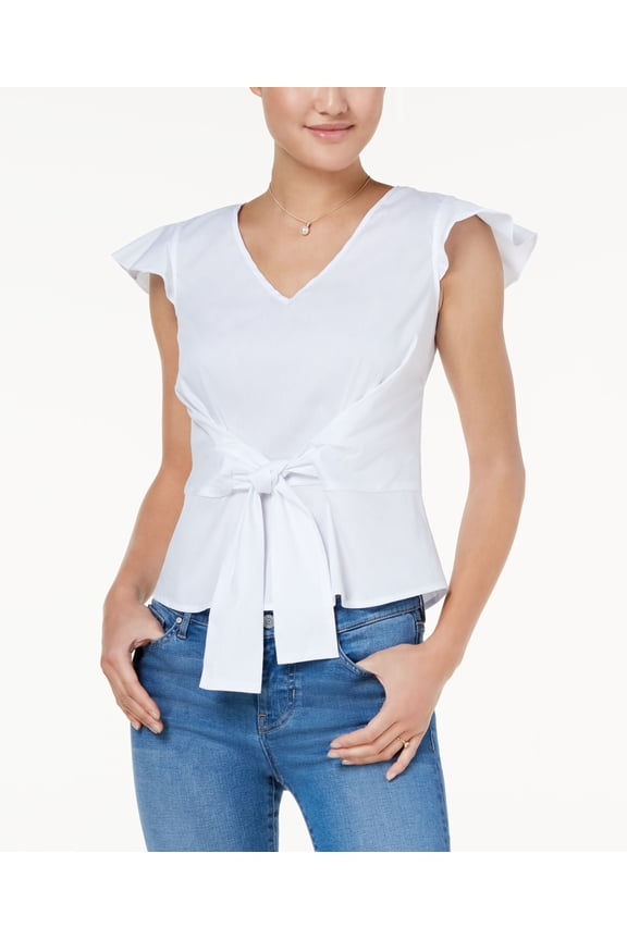 Juniors Tie Waist Flutter Sleeve Top White L