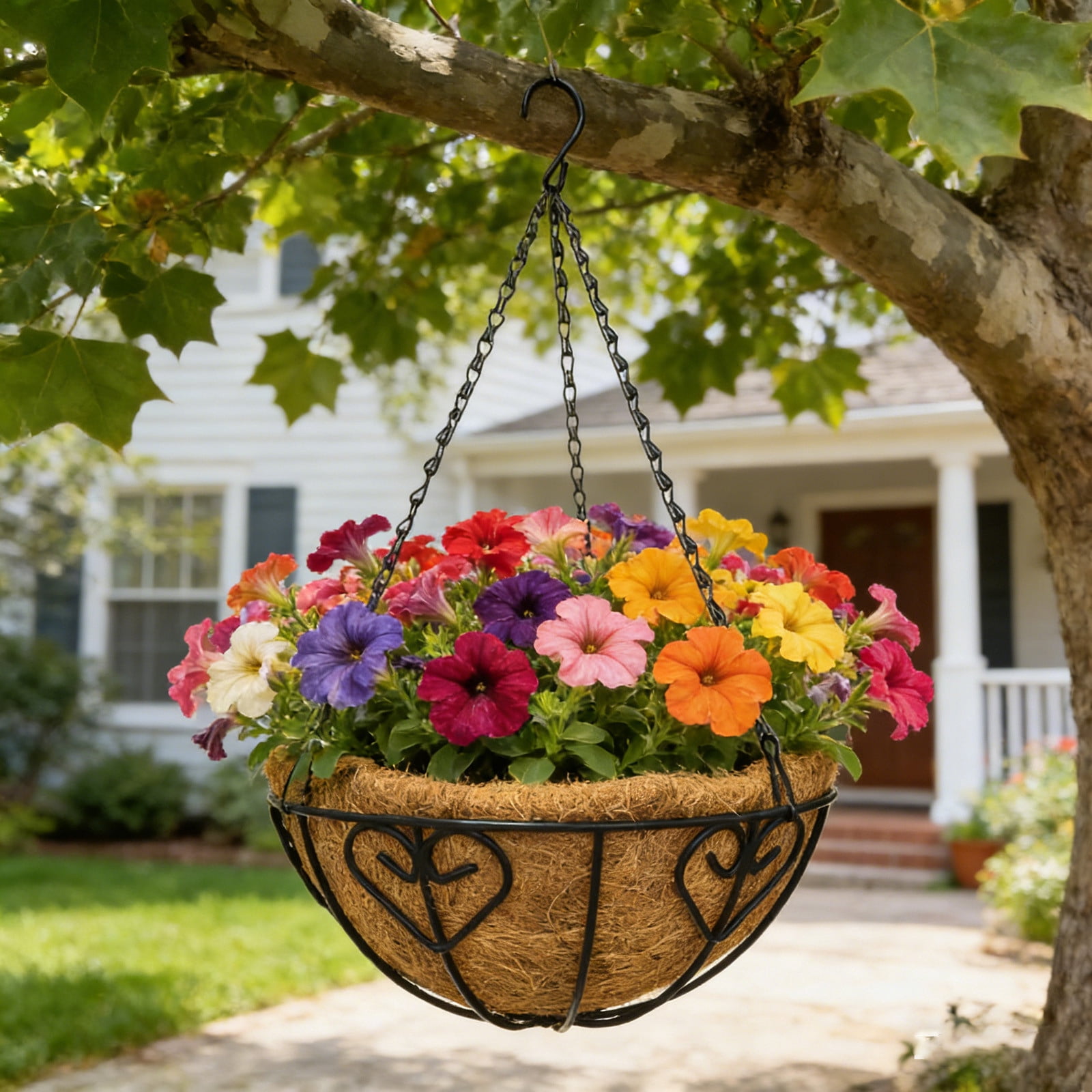Bcylexb 10" Metal Hanging Baskets for Plants Outdoor, Round Hanging Planters with Coco Liner Hanging Flower Planter for Porch Balcony Railings Decor