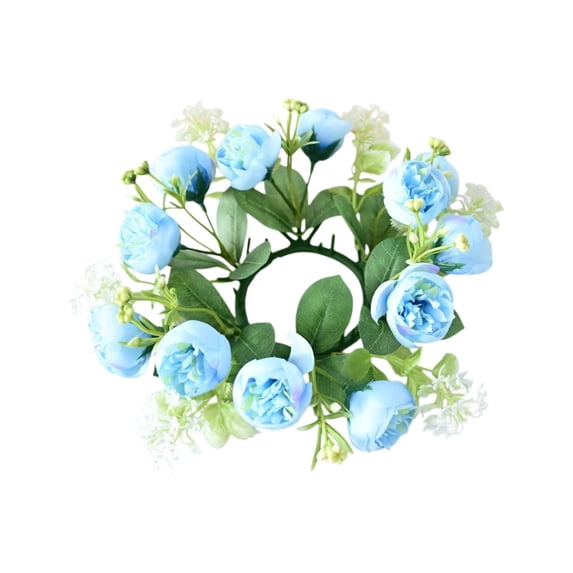 Bcylexb 10" Tea Rose Candle Wreath Centerpiece, Simulated Floral Candle Holder Ring for Holiday and Wedding Tables, Artificial Rose Flower Garland for Home Decor, Blue