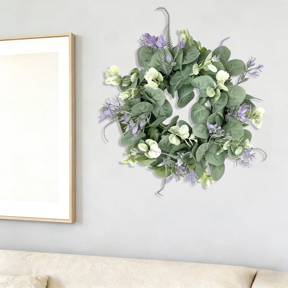 Bcylexb 13 Inch Artificial Green Wreaths for Front Door, Realistic Fake Eucalyptus Wreath Greenery Wreath with Flowers for All Seasons Home Wall Window Decorations