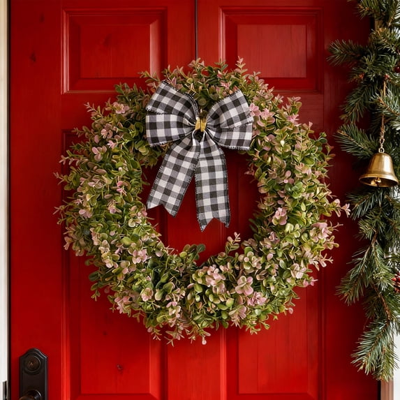Bcylexb 15.7" Faux Round Boxwood Wreath, Artificial Boxwood Wreath Front Door Wreaths Artificial Spring Summer Hanging Greenery for Window Wedding Party Decor
