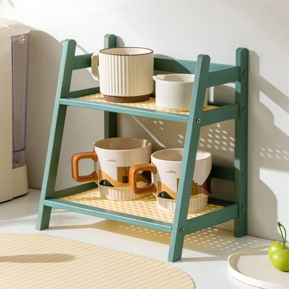 Bcylexb 2-Tier Cup Organizer Shelf, Wooden Kitchen Counter Shelf for Tea Coffee Bar Accessories, Storage Countertop Rack for Matcha Condiment Cup Stand