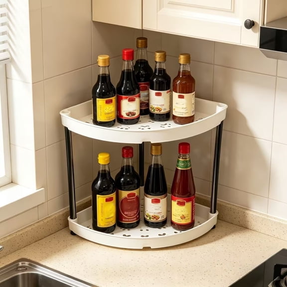 Bcylexb 2-Tier Desktop Corner Kitchen Shelf, Space Saving Spice Organizer Rack Corner Shelf Organizer for Condiments Spices Kitchen Bottles