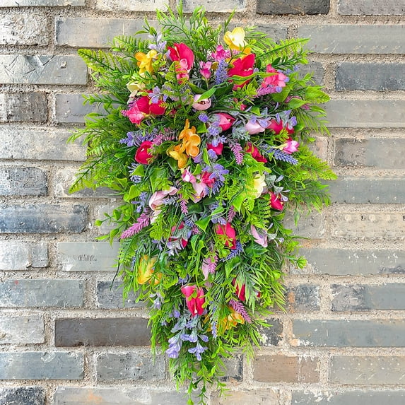 Bcylexb 23.6" Colorful Spring and Summer Wreath for Front Door, Artificial Flowers Home Decor for All Season, Bright Fake Blooms Garland for Wall Decoration, Multicolor
