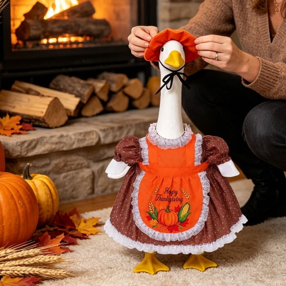 Bcylexb 23 Inch Goose Costume, Thanksgiving Pilgrim Dress with Orange Pumpkin Apron & Bonnet Turkey Fall Harvest Goose Outfit for Lawn Statue Autumn Yard Patio Decor