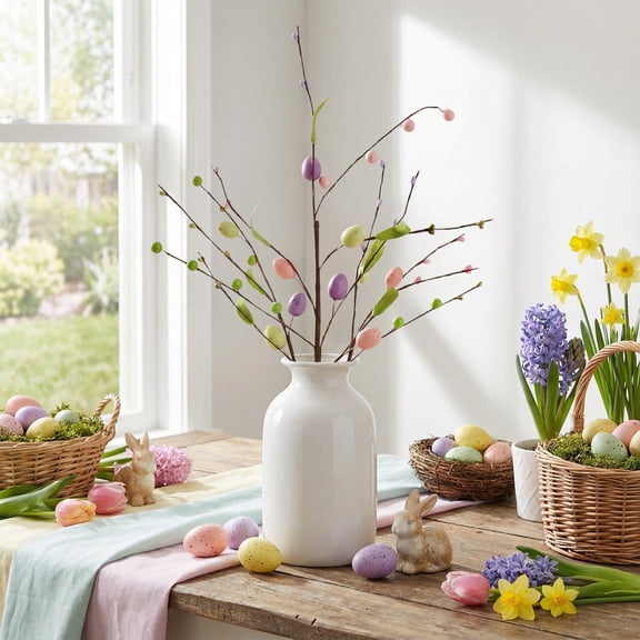 Bcylexb 25.2" Artificial Berry Foam Cuttings with Colored Easter Eggs, Holiday Interior Decorations Faux Plants, Seasonal Fake Stems for Spring Home Decor, C