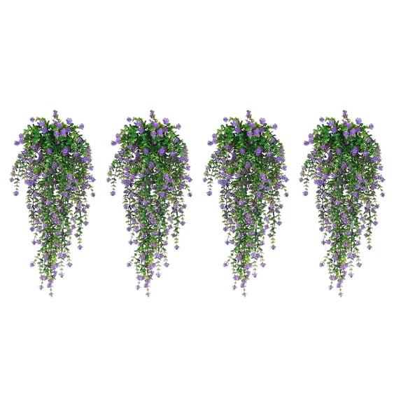 Bcylexb 4 Pack 29.5" Artificial Hanging Flowers Vines with Chlorophytum Leaves, Plastic Fake Flowers for Outdoor and Indoor, Simulation Plants Garlands Set, Purple