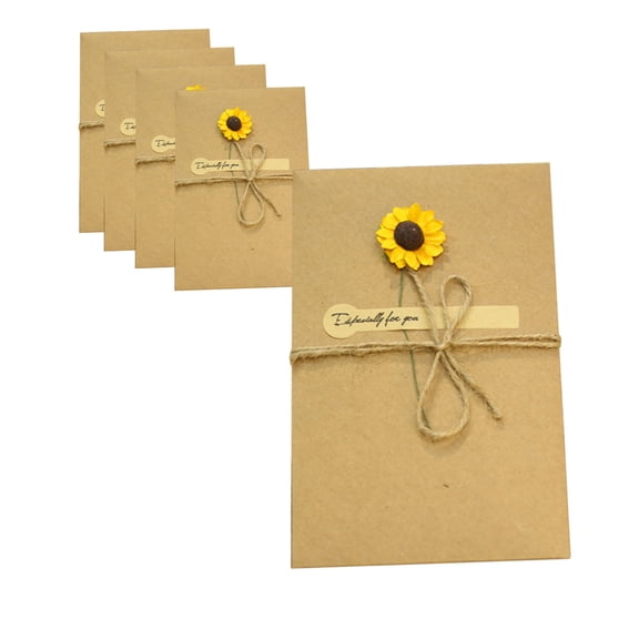 Bcylexb 5pcs Kraft Paper Greeting Cards Set for Multiple Occasions, Birthday Invitation Card and Mother‘s Day Gift Card, Flower Blessing Cards for Wedding, Sunflower