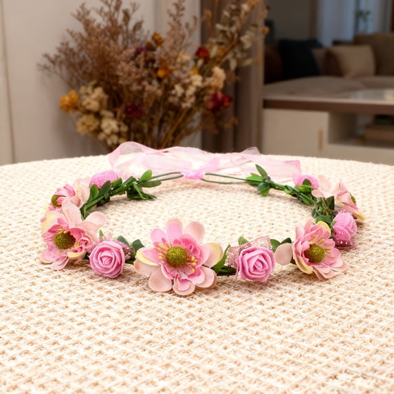 Bcylexb 8.7" Easter Headband Featuring Flower Wreath with Artificial Blooms and Leaves, Festive Party Hair Accessory and Decorative Headpiece Crown, Pink