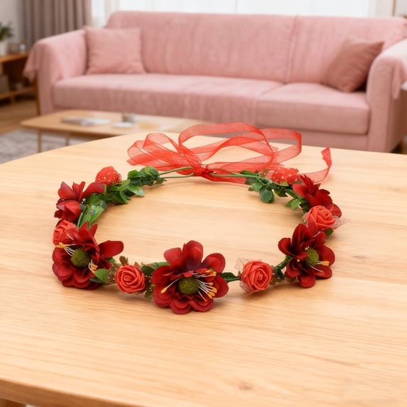 Bcylexb 8.7" Easter Headband Featuring Flower Wreath with Artificial Blooms and Leaves, Festive Party Hair Accessory and Decorative Headpiece Crown, Red