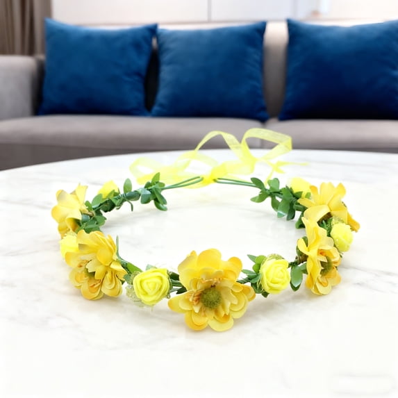 Bcylexb 8.7" Easter Headband Featuring Flower Wreath with Artificial Blooms and Leaves, Festive Party Hair Accessory and Decorative Headpiece Crown, Yellow