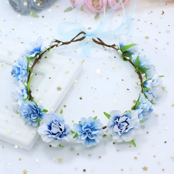 Bcylexb 8.7" Rose Flower Crown with Artificial Flowers and Green Leaves, Hair Accessory Wreath for Festivals and Parties, Wedding Floral Headpiece Decor, Blue