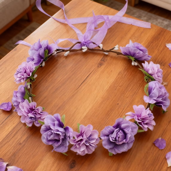 Bcylexb 8.7" Rose Flower Crown with Artificial Flowers and Green Leaves, Hair Accessory Wreath for Festivals and Parties, Wedding Floral Headpiece Decor, Purple