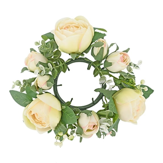 Bcylexb 8" Faux Austen Rose Wreath for Candle Cup or Candlestick, Valentine's Day Decorative Candle Ring for Party and Wedding Tables, Floral Garland Accent Piece, Beige