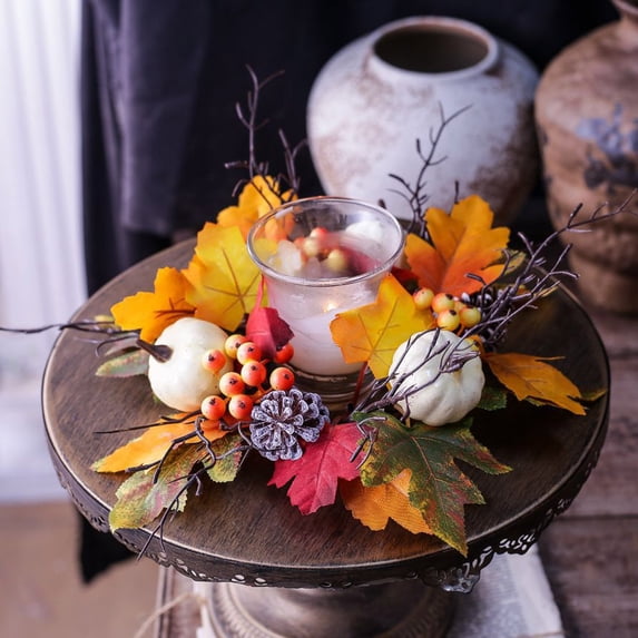 Bcylexb Artificial Candle Wreaths, 9.8" Fall Leaf Candle Ring for Tabletop Colorful Table Decorations for Party Wedding Table Centerpieces Indoor Decor