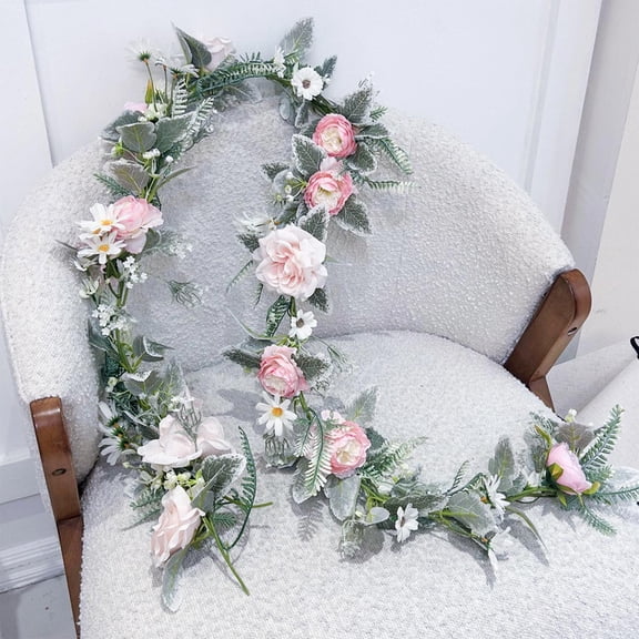 Bcylexb Artificial Flower Frosted Leaf Garland, 6 ft Silk Rose & Daisy with Frosted Green Leaves All Seasons Decor Floral Vine for Farmhouse Wedding Mantle Outdoor