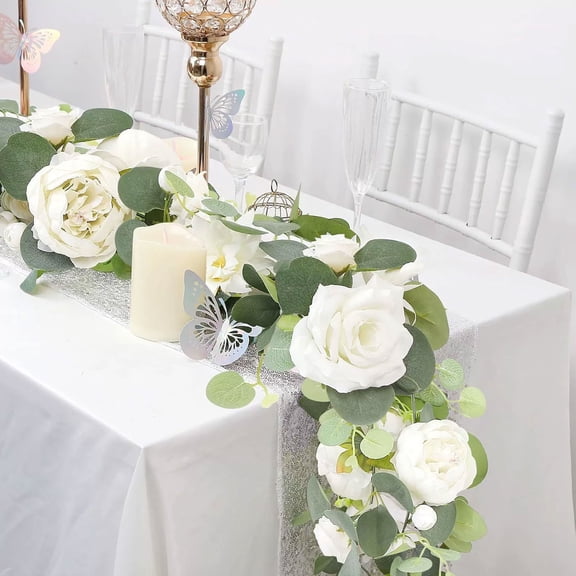 Bcylexb Artificial Flower Garland, 5.9 ft Fake Silk Peony Rose with Eucalyptus Leaves Hanging Floral Vines for Spring Wedding Arch Mantle Table Backdrop