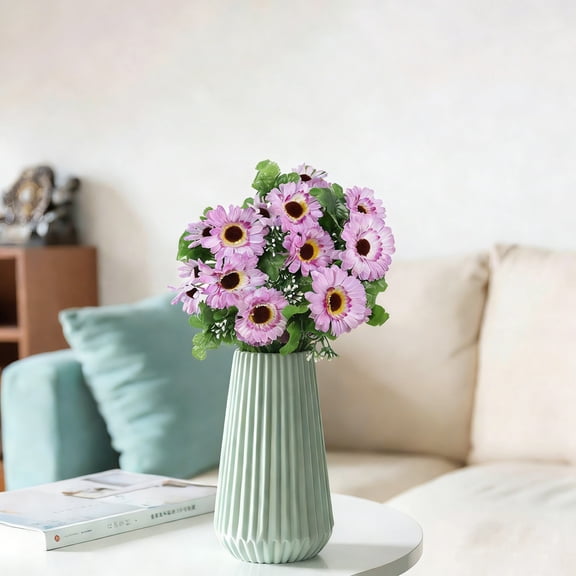 Bcylexb Artificial Flowers Gerbera Daisy Bouquet, 13" Realistic Blooms with Green Foliage for Vase Arrangements Centerpieces Bridal Home Decor