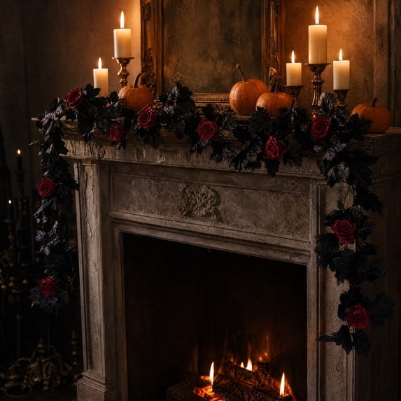 Bcylexb Artificial Maple Leaf Garland, 5.7 Ft Silk Rose Flower Garland Gothic Hanging Floral Plants for Halloween Decorations Fireplace Mantel Table Party
