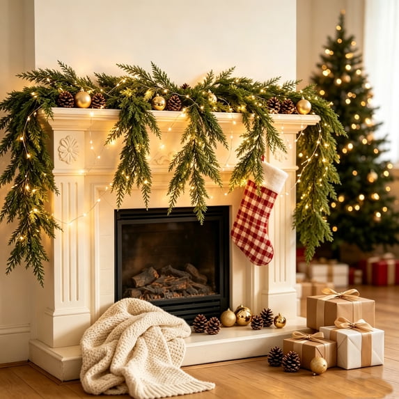 Bcylexb Artificial Pine Garland, 5.9 Ft Realistic Christmas Greenery Garland Faux Hanging Vines for Mantle Table Fireplace Wall Xmas Decorations