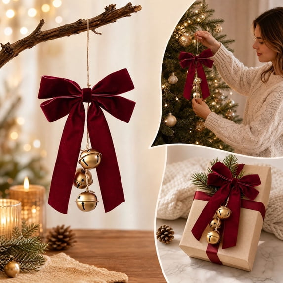 Bcylexb Christmas Bow Jingle Bells Ornament, Burgundy Velvet Ribbon Bow with Gold Bells Hanging Decor for Door Window Xmas Tree Party Home Indoor