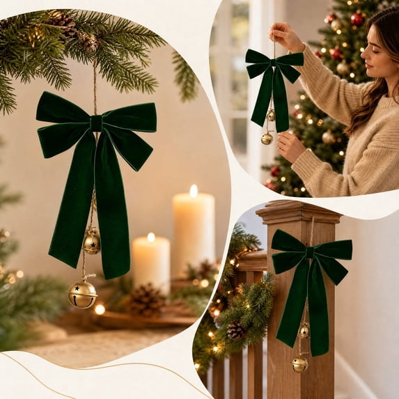 Bcylexb Christmas Bow Jingle Bells Ornament, Burgundy Velvet Ribbon Bow with Gold Bells Hanging Decor for Door Window Xmas Tree Party Home Indoor
