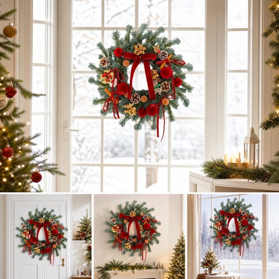 Bcylexb Christmas Wreaths for Front Door 19.3", Door Wreath with Ribbon Colorful Pine Swag Door Decorations for Winter Home Window Wall Indoor Outdoor Decor