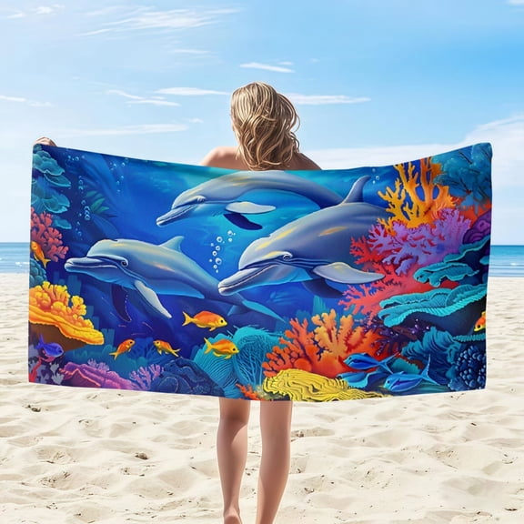 Bcylexb Colorful Ocean Beach Towel, 30" x 60" Large Microfiber Dolphin Print Pool Towels Soft Bath Towels Swimming Towels for Summer