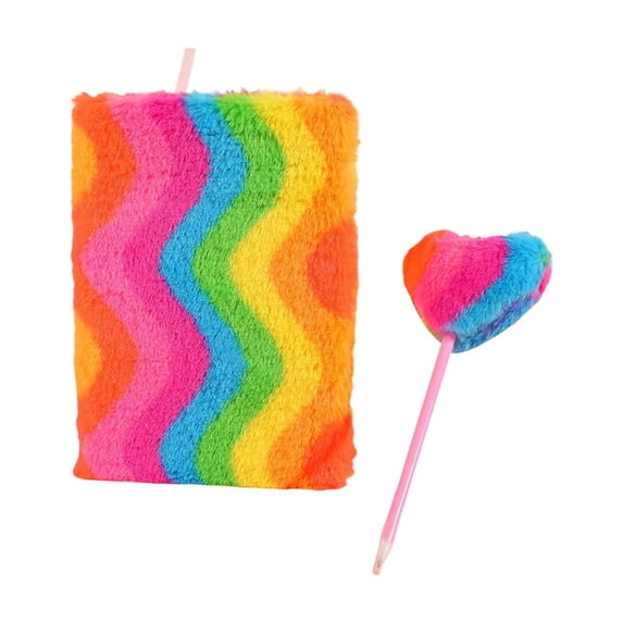 Bcylexb Colorful Plush Fuzzy Notebook For Students, Soft Fur Fluffy Journal with Cute Rainbow Grid & Lollipop Patterns A5 Kawaii Stationery Diary for Classroom Supplies