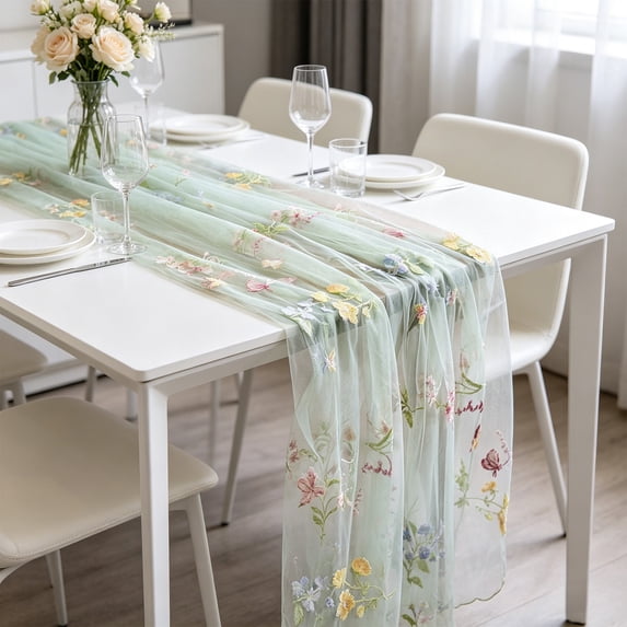 Bcylexb Embroidery Floral Table Runner, 27"x70" Sheer Boho Table Runners Soft Lightweight Rustic Decor for Wedding Bridal Shower Garden Spring Summer Dining Table Home Party