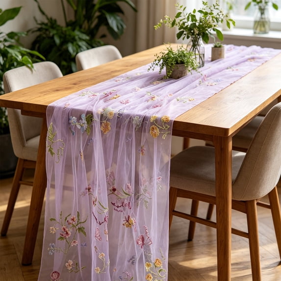 Bcylexb Embroidery Floral Table Runner, 27"x70" Sheer Boho Table Runners Soft Lightweight Rustic Decor for Wedding Bridal Shower Garden Spring Summer Dining Table Home Party