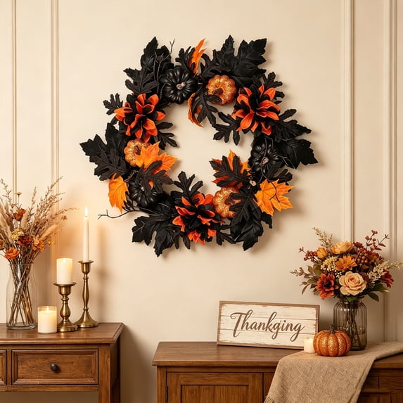 Bcylexb Fall Floral Wreaths for Front Door, 17.7" Artificial Maple Leaf Wreaths Realistic Hanging Door Wreath for Entry Porch Window Wall Indoor Outdoor Home Decor