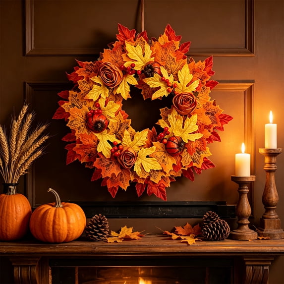 Bcylexb Fall Floral Wreaths for Front Door, 21.2" Artificial Sunflower Wreaths Fake Maple Leaf Wreaths with Pumpkins Hanging Wall Wreath for Door Window Home