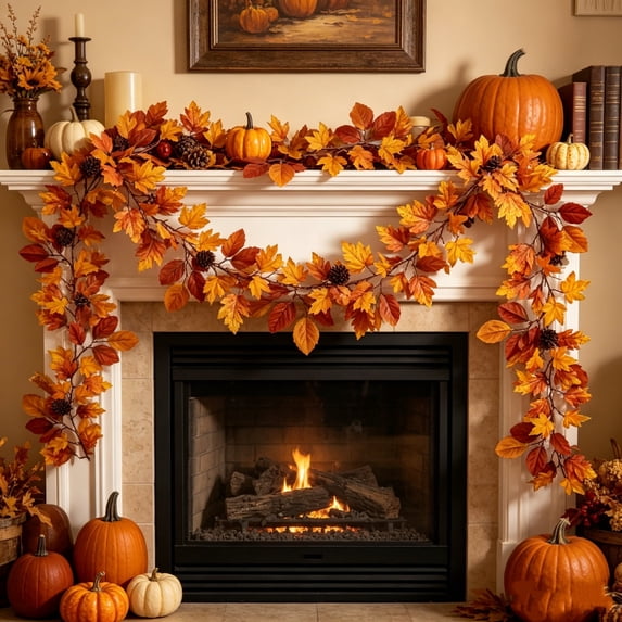 Bcylexb Fall Garland Orange Maple Leaves, 5.9 Ft Flexible Thanksgiving Decorations Hanging Vine Garland for DIY Party Farmhouse Home Indoor Decor