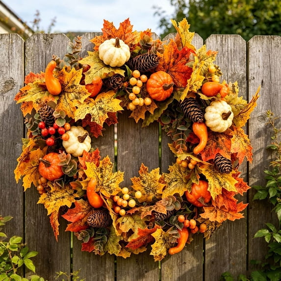Bcylexb Fall Harvest Door Wreaths, 19.7" Rustic Farmhouse Wreaths with Pumpkins Maple Leaves Pinecones Berries Artificial Autumn Wreath for Wall Front Door Thanksgiving Decor