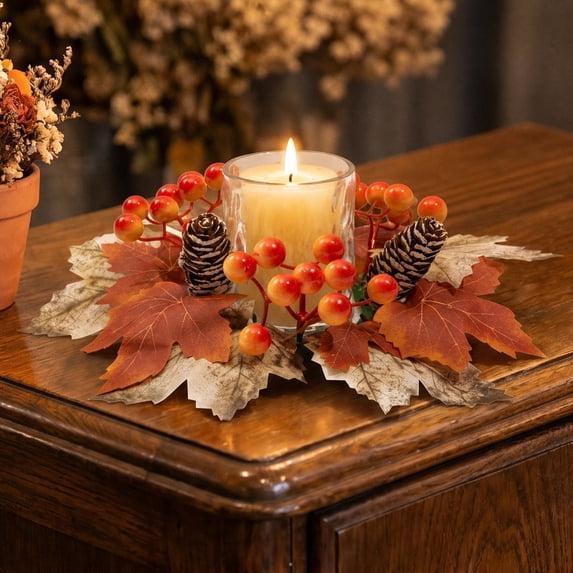 Bcylexb Fall Table Wreaths, 10.2" Artificial Maple Leaves Candle Ring Wreaths Halloween Thanksgiving Decorations for Table Centerpieces Party Kitchen