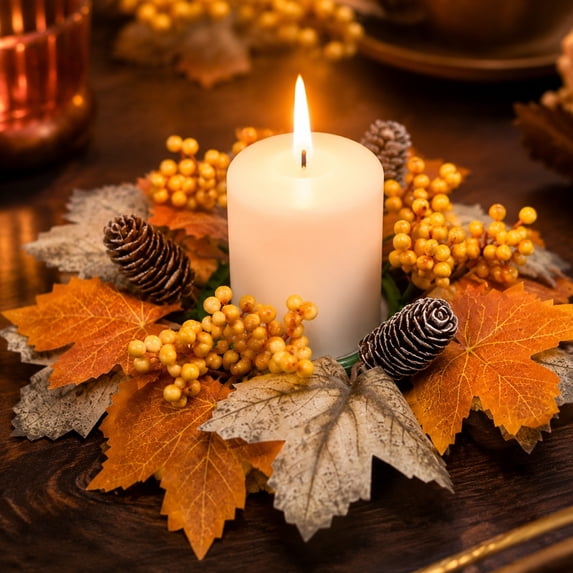 Bcylexb Fall Table Wreaths, 10.2" Artificial Maple Leaves Candle Ring Wreaths Halloween Thanksgiving Decorations for Table Centerpieces Party Kitchen