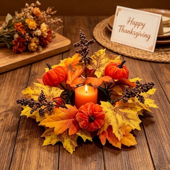 Bcylexb Fall Table Wreaths, 11" Artificial Maple Leaves Candle Ring Wreaths Halloween Thanksgiving Decorations for Table Centerpieces Party Kitchen