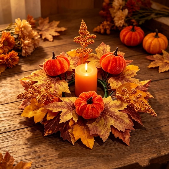 Bcylexb Fall Table Wreaths, 11" Artificial Maple Leaves Candle Ring Wreaths Halloween Thanksgiving Decorations for Table Centerpieces Party Kitchen