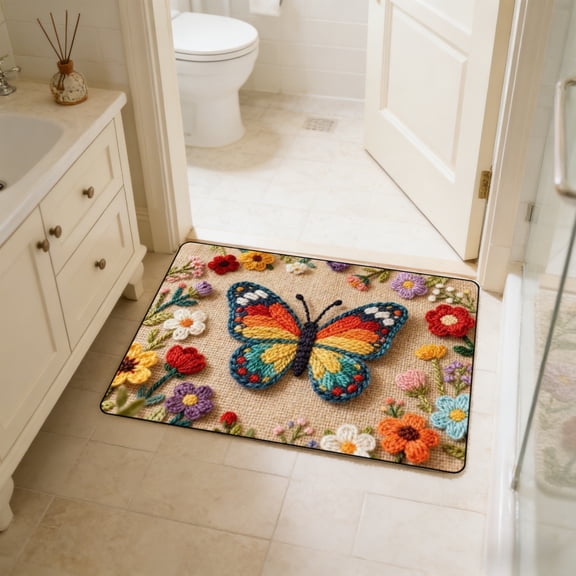 Bcylexb Floral Door Mat 16"x 24", Colorful Flower Doormat with Butterfly Print Non Slip Durable Floor Rugs for Front Door Bedroom Bathroom Sink Floor Mat