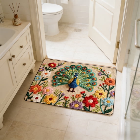 Bcylexb Floral Door Mat 16"x 24", Colorful Flower Doormat with Peacock Print Non Slip Durable Floor Rugs for Front Door Bedroom Bathroom Sink Floor Mat