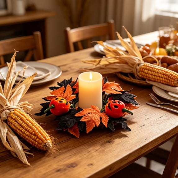 Bcylexb Halloween Maple Leaf Candle Ring for Tabletop, 10.2" Spooky Pumpkin Wreaths Holiday Table Centerpiece for Kitchen Home Party Decor