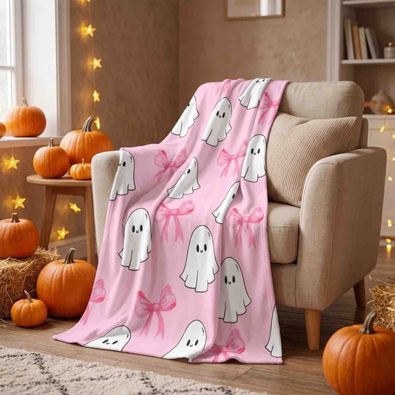 Bcylexb Halloween Throw Blanket. Cute Ghost Pink Bow Spooky Soft Flannel Blanket Fall Holiday Decor Cover for Sofa Couch Bed Chair Machine Washable, 39.3"x59"