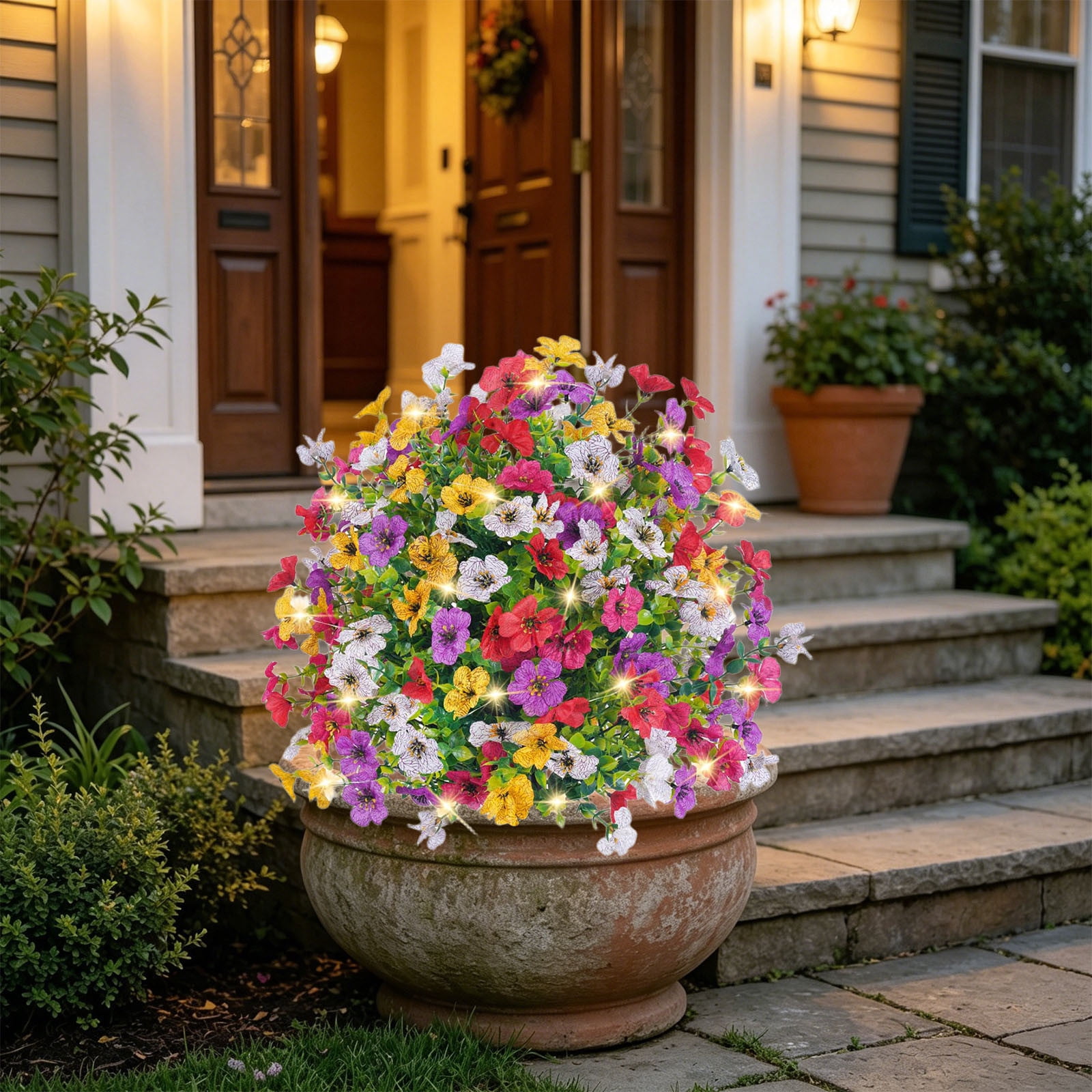 Bcylexb Muticolor Artificial Flowers Ball for Outdoors, 23.6" Faux Flowers with Stake and LED Light Fake Flowers for Front Door Yard Garden Entryway Walkway Decor