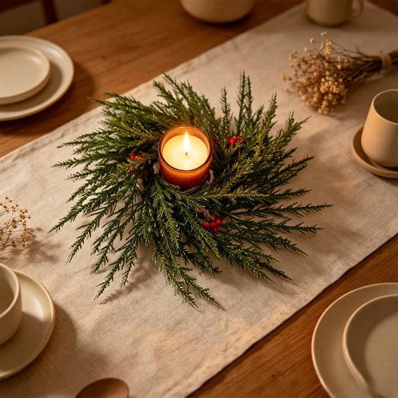 Bcylexb Pine Candle Ring for Tabletop, 10.2" Artificial Green Pine Needles Wreath Winter Centerpiece for Dining Table Party Decor