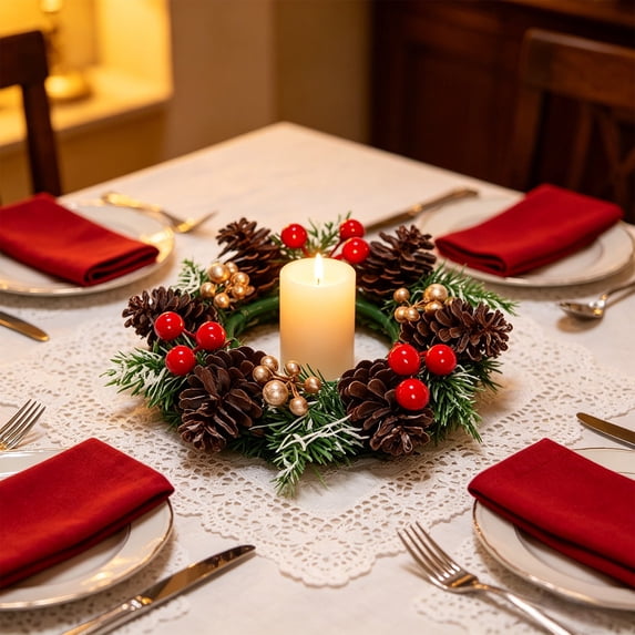 Bcylexb Pine Candle Ring for Tabletop, 7.8" Green Pine Needles Pinecones Wreath Christmas Holiday Centerpiece for Dining Table Kitchen Home Decor